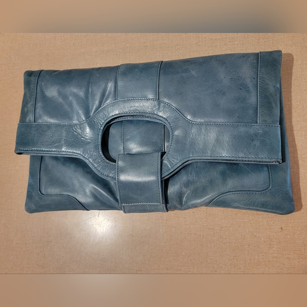 Iris Tyler Blue Leather Handbag Foldover Clutch Purse‎